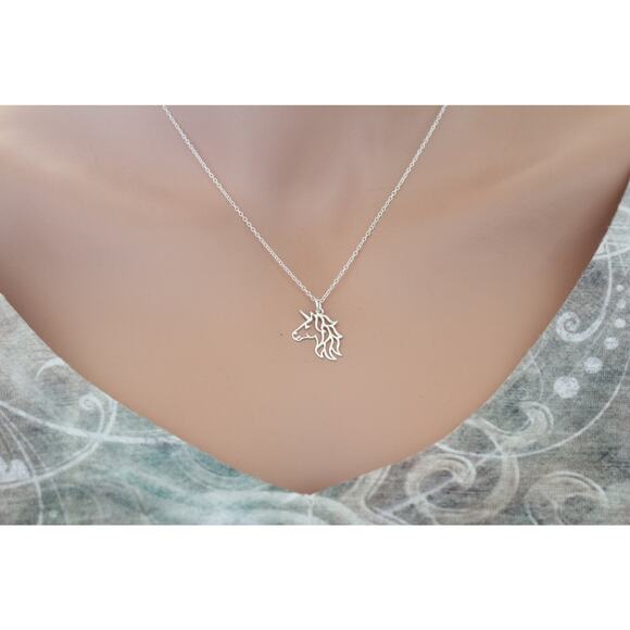 Sterling Silver Unicorn Charm - Openwork Unicorn Head Necklace, - Picture 3 of 5